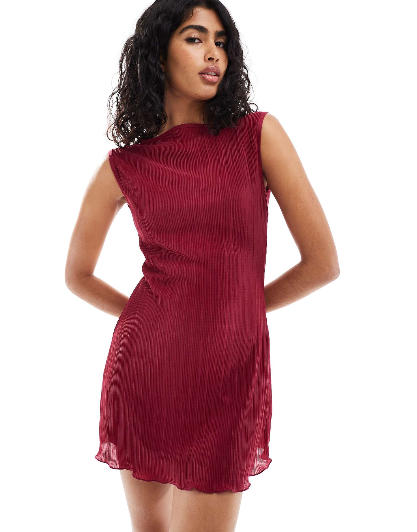 Plisse Slash Neck Mini Dress