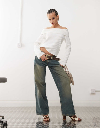 Brandy Fold Over Ribbed Off Shoulder Knit