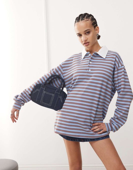 Stripey Oversized Collared Rugby Style Top