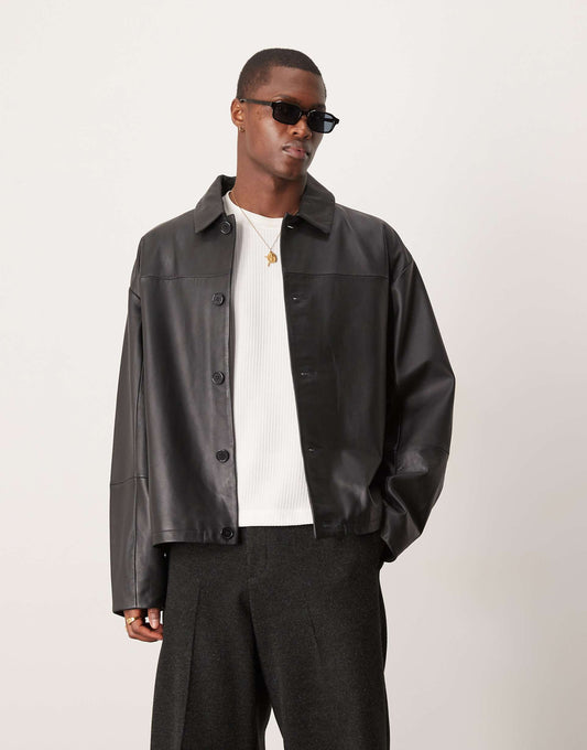 Premium Real Leather Oversized Harrington Jacket