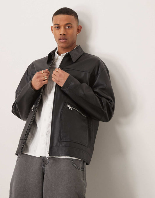 Premium Real Leather Oversized Harrington Jacket