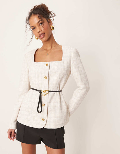 Boucle Scoop Neck Belted Blazer