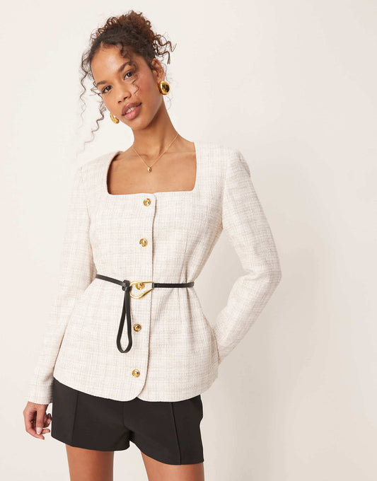 Boucle Scoop Neck Belted Blazer