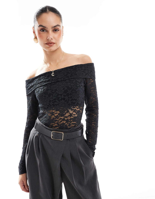 Off Shoulder Long Sleeve Allover Lace Top