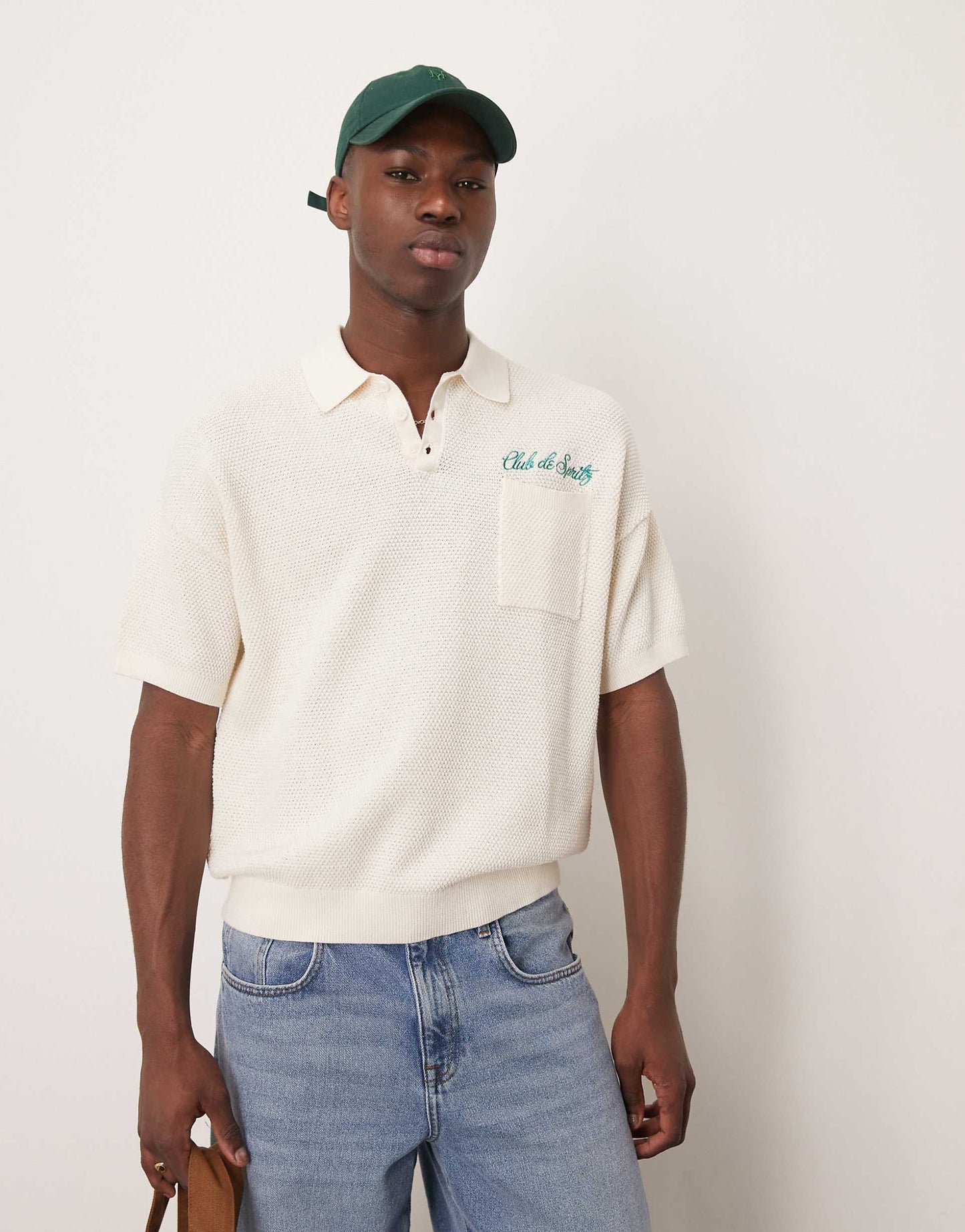 Relaxed Boxy Fit Knitted Polo With Chest Pocket And Embroidery Text