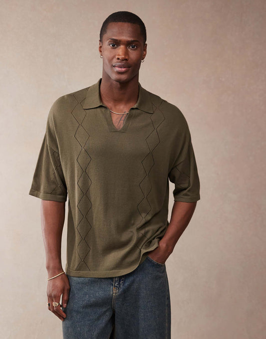 Relaxed Boxy Fit Knitted Notch Neck Polo With Pointelle Pattern