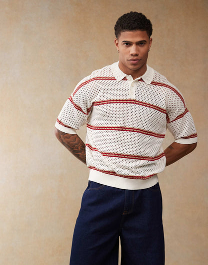 Relaxed Boxy Fit Crochet Knitted Polo With Stripe Pattern