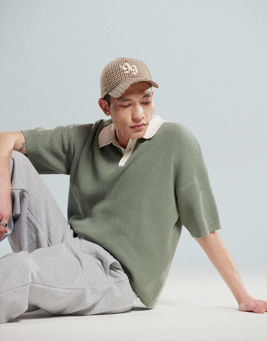 Relaxed Boxy Fit Knitted Polo With 3/4 Length Sleeves
