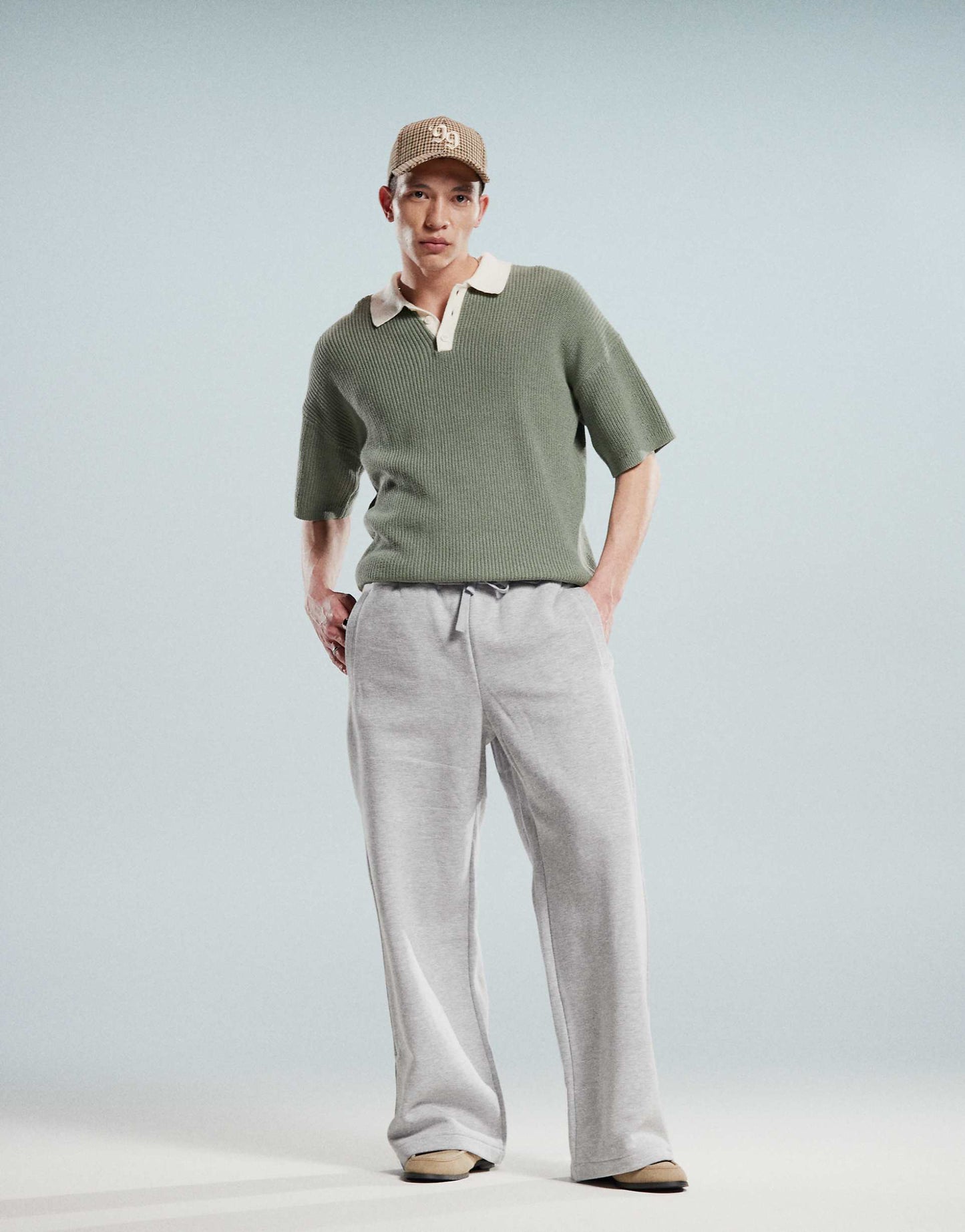 Relaxed Boxy Fit Knitted Polo With 3/4 Length Sleeves