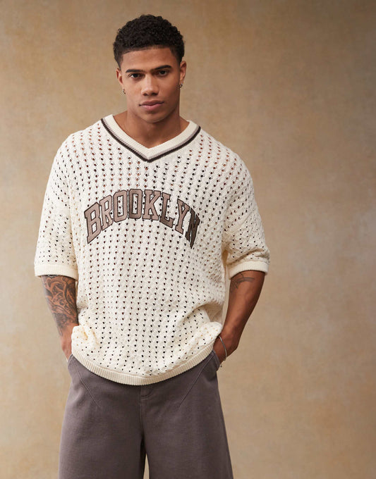 Relaxed Crochet Knitted Tshirt With Varsity Pattern And City Text