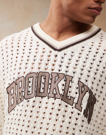 Relaxed Crochet Knitted Tshirt With Varsity Pattern And City Text