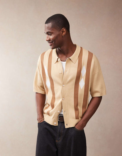 Relaxed Boxy Fit Knitted Button Through Polo With Argyle Pattern