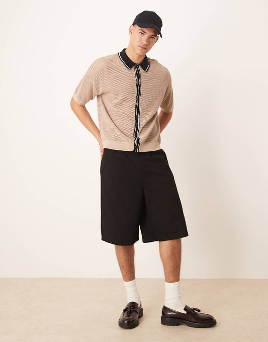 Relaxed Boxy Fit Airtex Knitted Button Through Polo With Contrast Collar