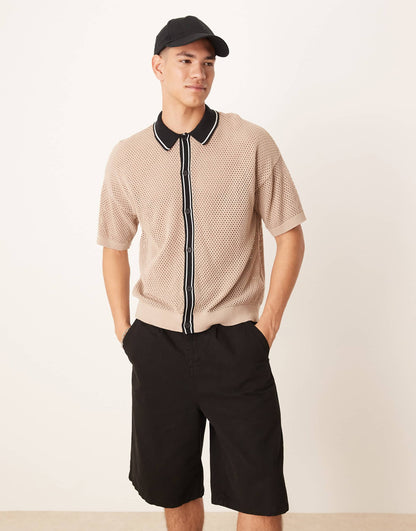 Relaxed Boxy Fit Airtex Knitted Button Through Polo With Contrast Collar