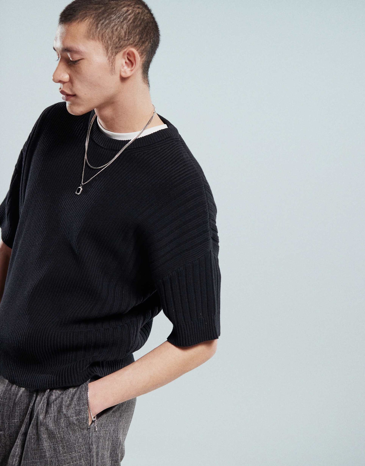 Relaxed Knitted Tshirt With Rib Panel