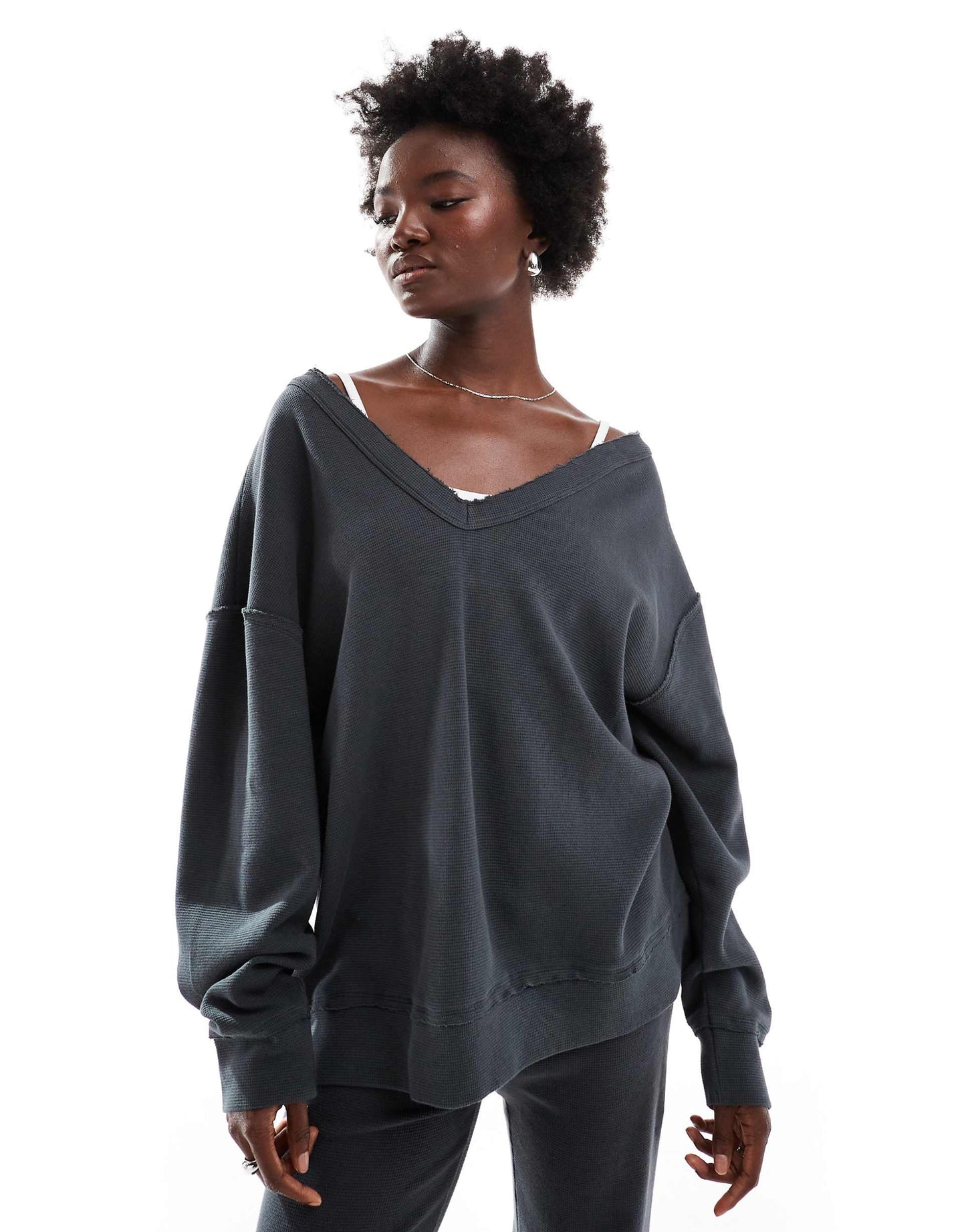 Co-Ord Waffle Oversized Off Shoulder V Neck Sweatshirt