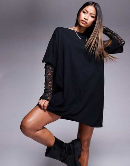 T-Shirt Mini Dress With Lace Sleeves