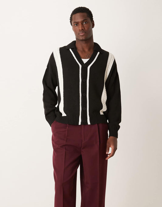 Oversized Boxy Fit Knitted Cardigan With Collar And Contrast Stripe