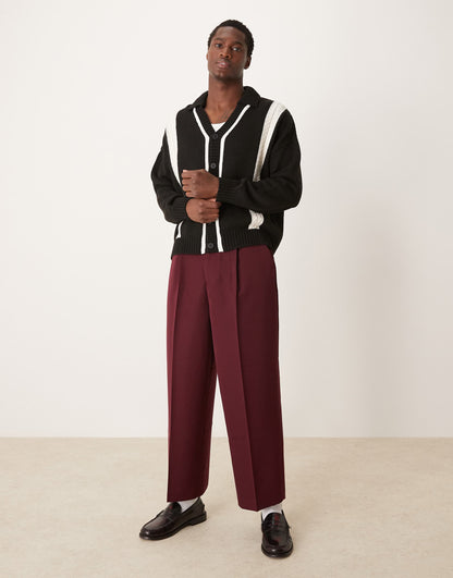 Oversized Boxy Fit Knitted Cardigan With Collar And Contrast Stripe