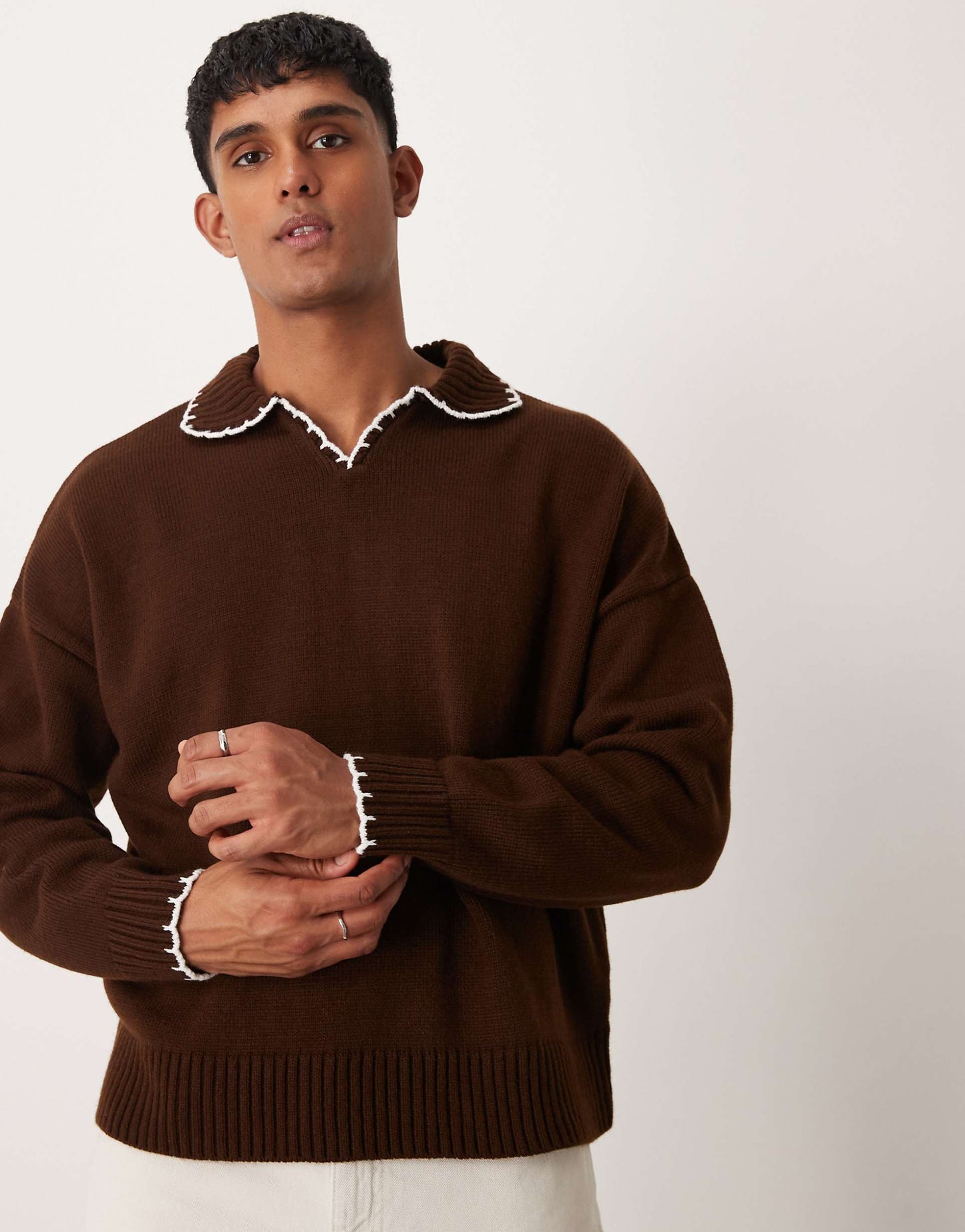 Oversized Boxy Fit Knitted Notch Neck Jumper With Blanket Stitch