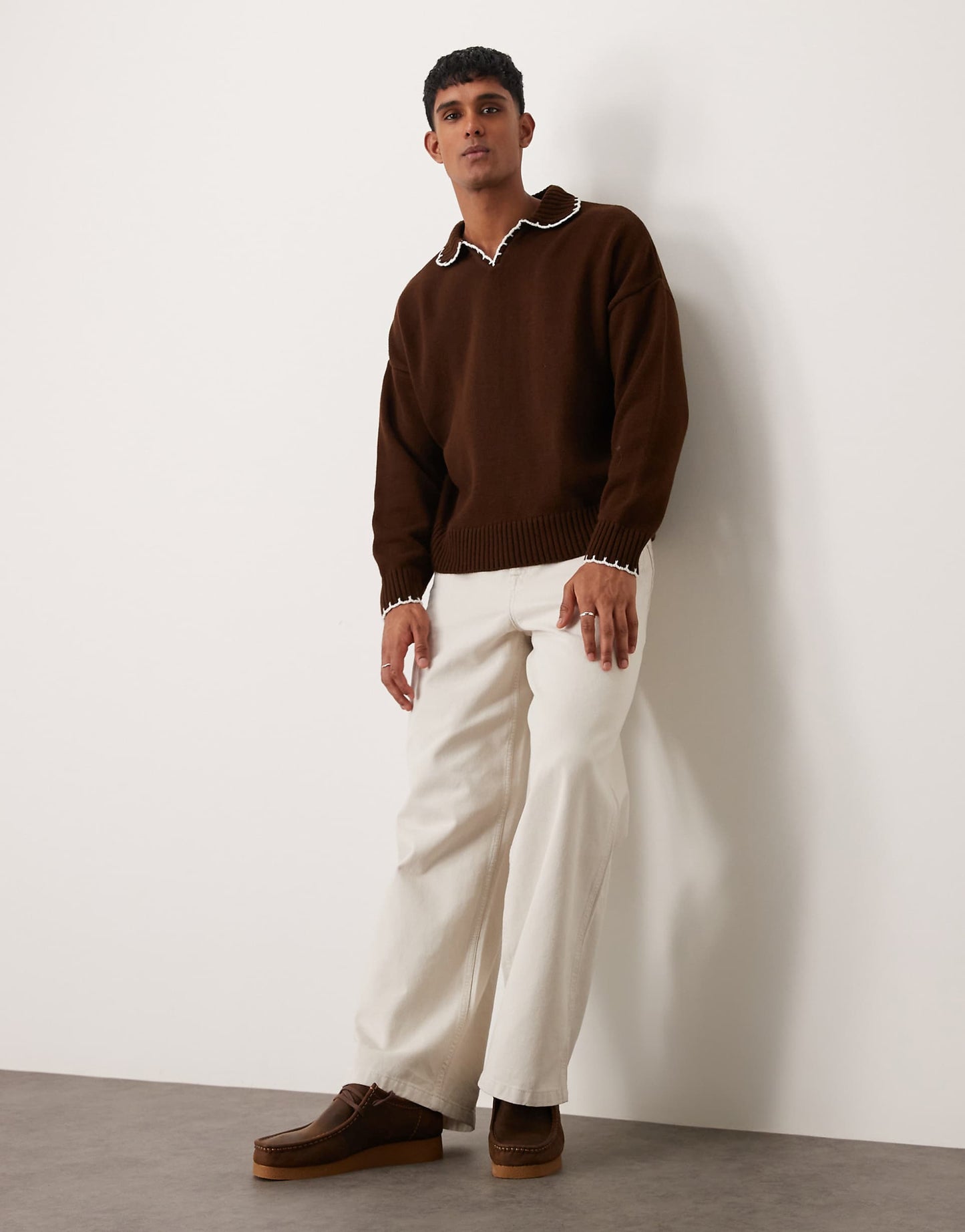 Oversized Boxy Fit Knitted Notch Neck Jumper With Blanket Stitch