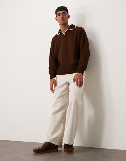 Oversized Boxy Fit Knitted Notch Neck Jumper With Blanket Stitch