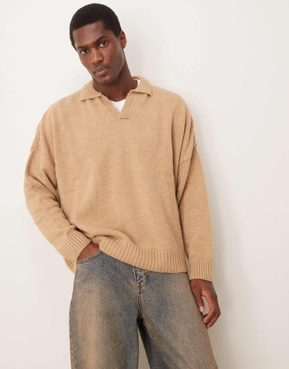 Super Oversized Boxy Fit Brushed Knitted Notch Neck Jumper