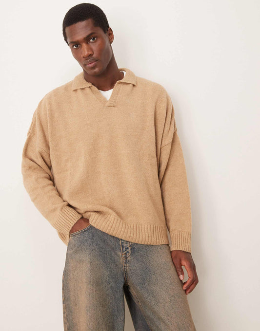 Super Oversized Boxy Fit Brushed Knitted Notch Neck Jumper