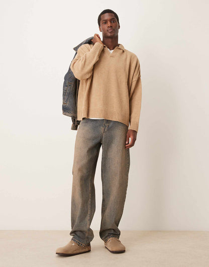 Super Oversized Boxy Fit Brushed Knitted Notch Neck Jumper