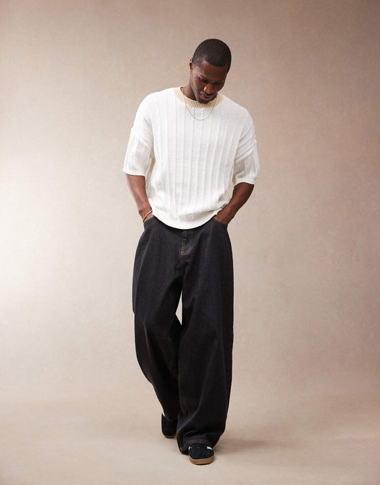 Oversized Boxy Fit Heavyweight Texture Ribbed Knitted Crew Neck T-Shirt