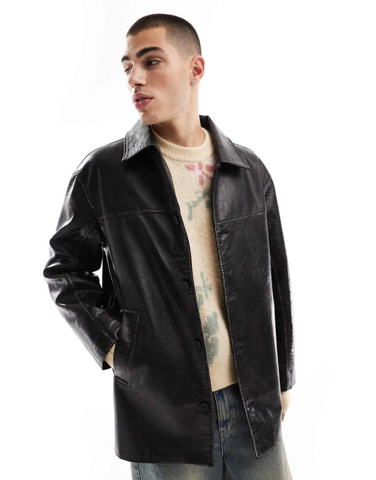 Longline Faux Washed Leather Jacket