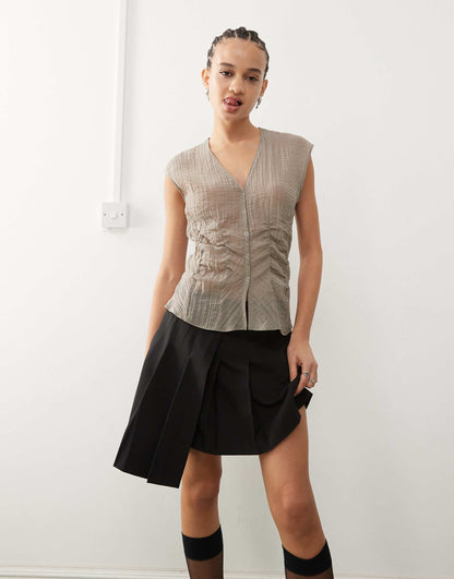 Sheer Sleeveless Blouse Top With V Neck And Corset Waist Detail