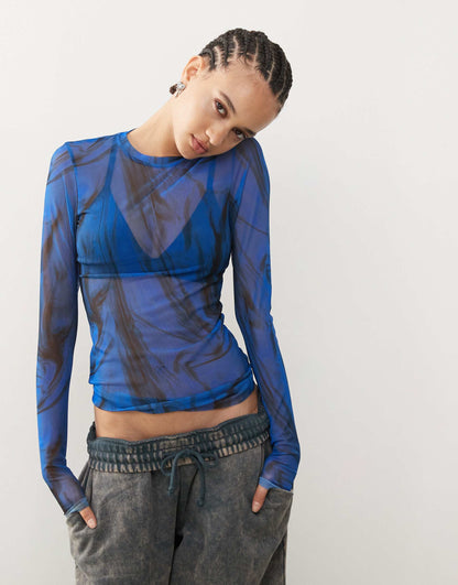 Nico Mesh Long Sleeve Top With Swirl Print