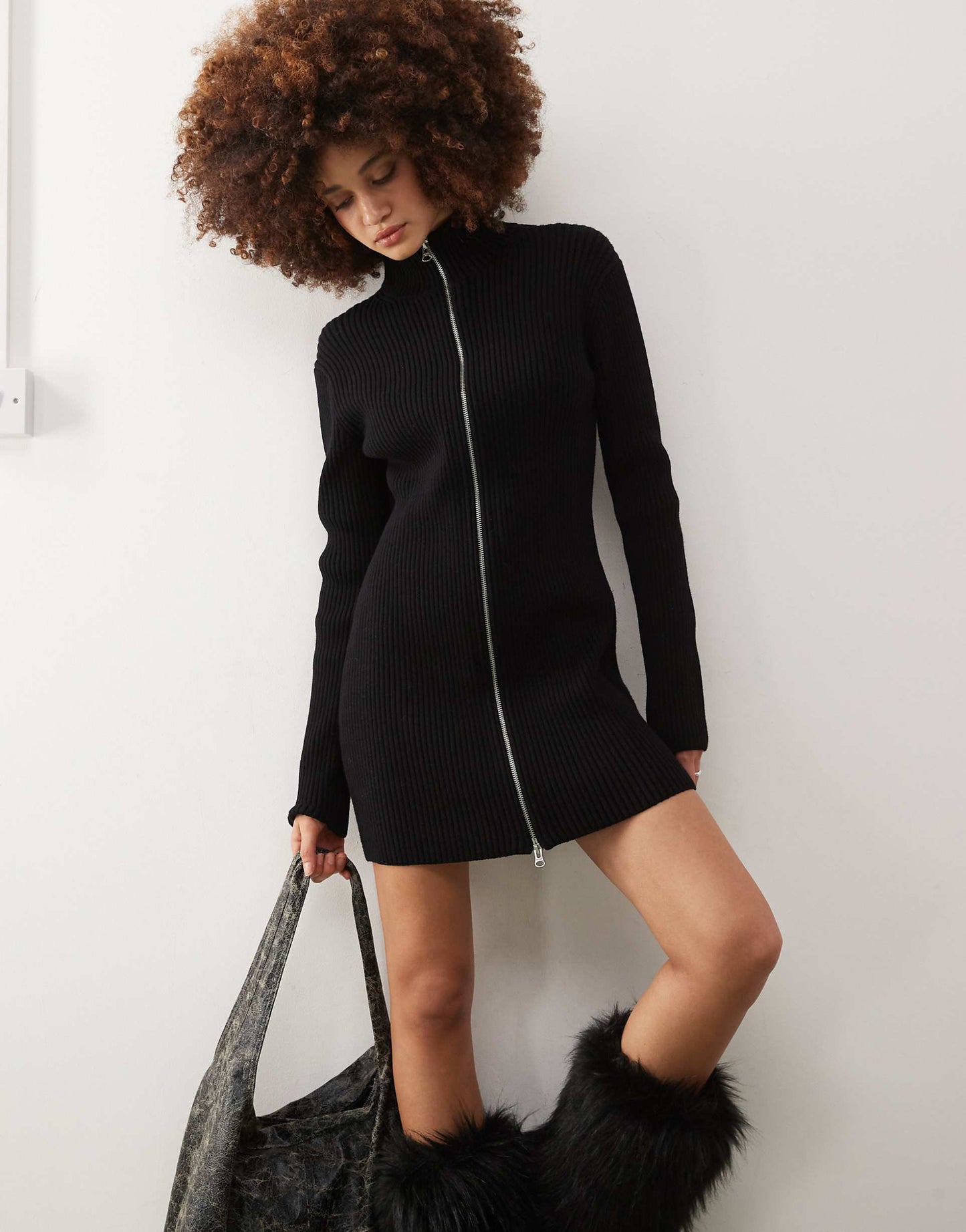 Laila High Neck Rib Knitted Mini Dress With Two-Way Zip