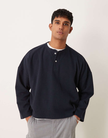 Super Oversized Cropped Heavyweight Rib Henley Jumper