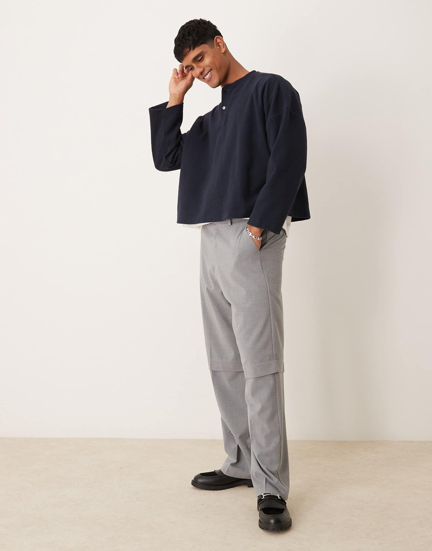 Super Oversized Cropped Heavyweight Rib Henley Jumper