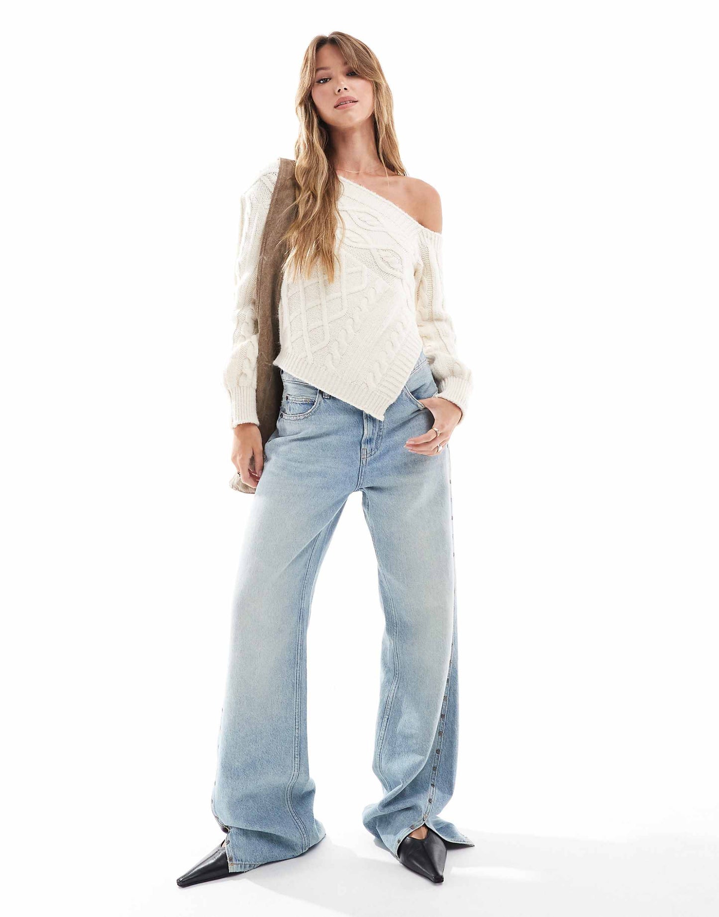 One Shoulder Asymmetric Knitted Top With Spliced Cable Knit