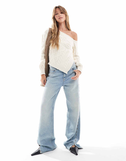 One Shoulder Asymmetric Knitted Top With Spliced Cable Knit