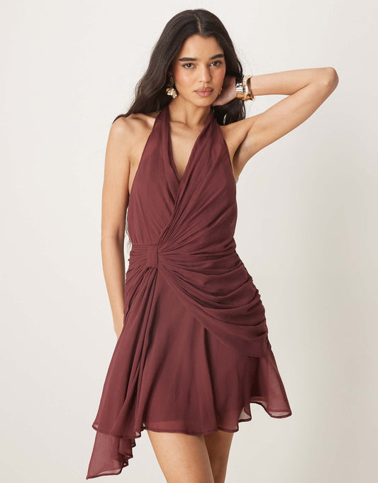 Halter Plunge Mini Dress With Drape Detail