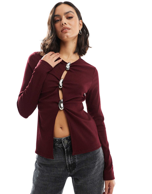 Rib Long Sleeve Top With Silver Buttons