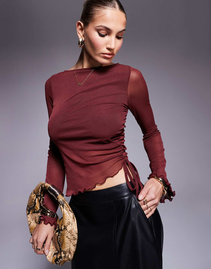 Drawstring Detail Mesh Top With Flute Sleeve