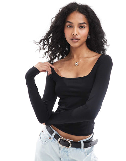 Str Square Neck Long Sleeve Top