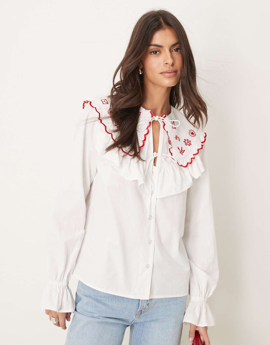 Embroidered Frill Collar Shirt