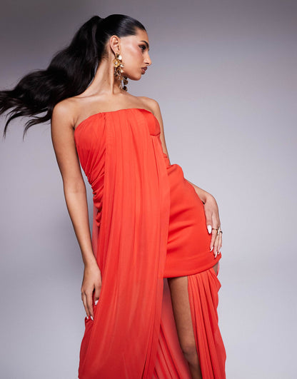 Bandeau Mini Dress With Mesh Overlay Train