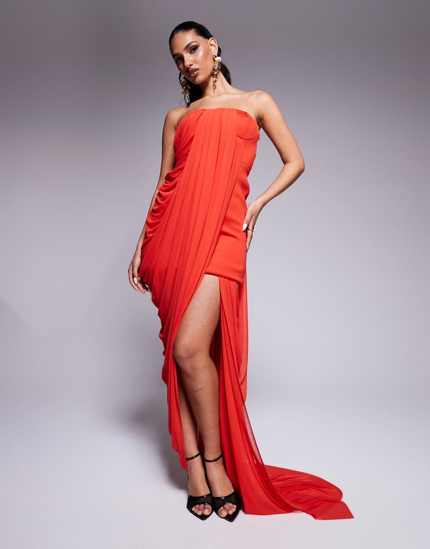 Bandeau Mini Dress With Mesh Overlay Train