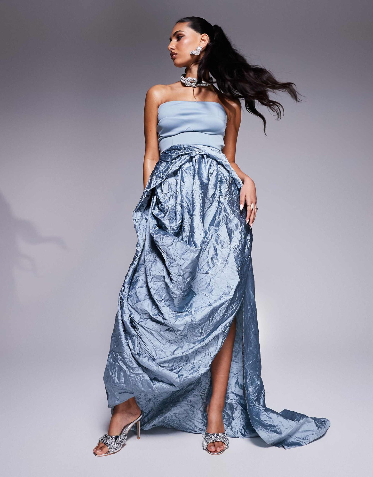 Premium Bandeau Maxi Dress With Textured Taffeta Skirt