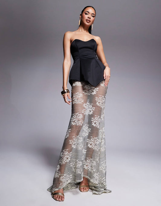 Premium Moulded Scuba Dress With Lace Maxi Skirt