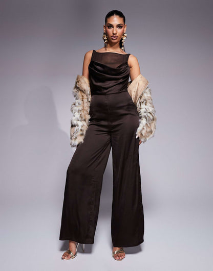 Cowl Neck Satin Jumpsuit With Sheer Underlay And Buckle Back