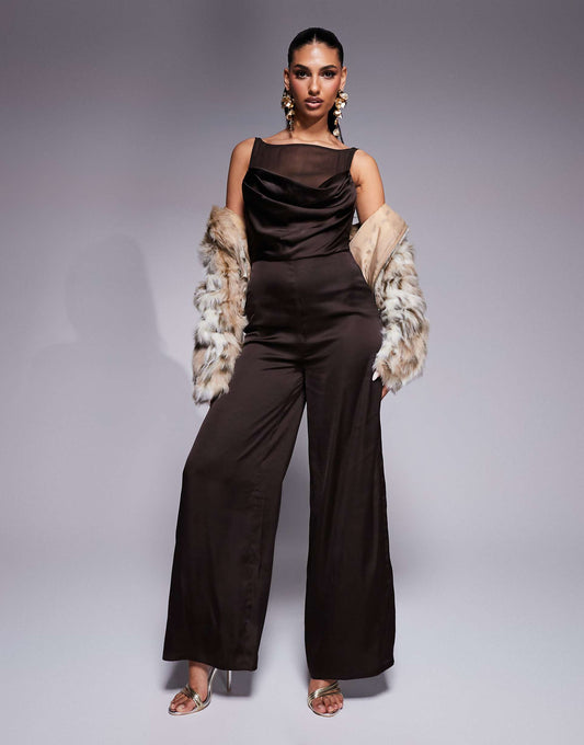 Cowl Neck Satin Jumpsuit With Sheer Underlay And Buckle Back