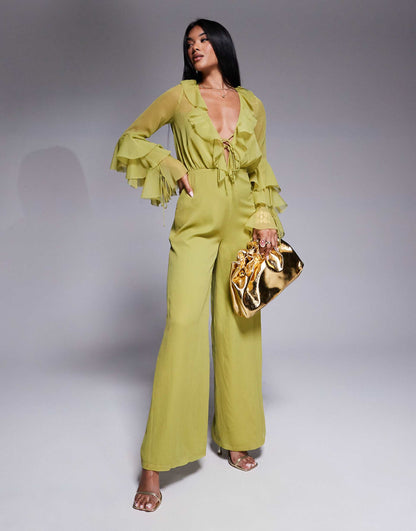 Long Sleeve Ruffle Jumpsuit With Tie Detail